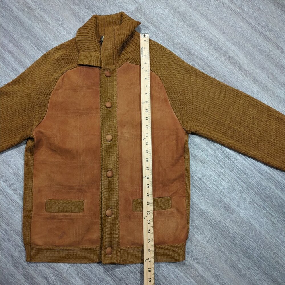 Vintage Tundra Cardigan Sweater Men's Medium Brown Knit Suede Elbow Patches 80s - Picture 15 of 16